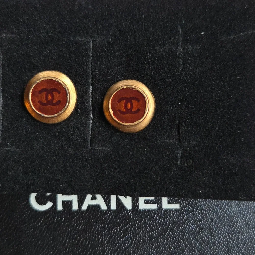 Chanel Gold & Brown CC Logo Stud Earrings